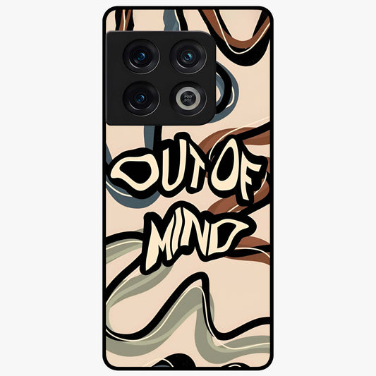 Out Of Mind Glass Case showing flat back view with expressive typography artwork and glossy glass finish.