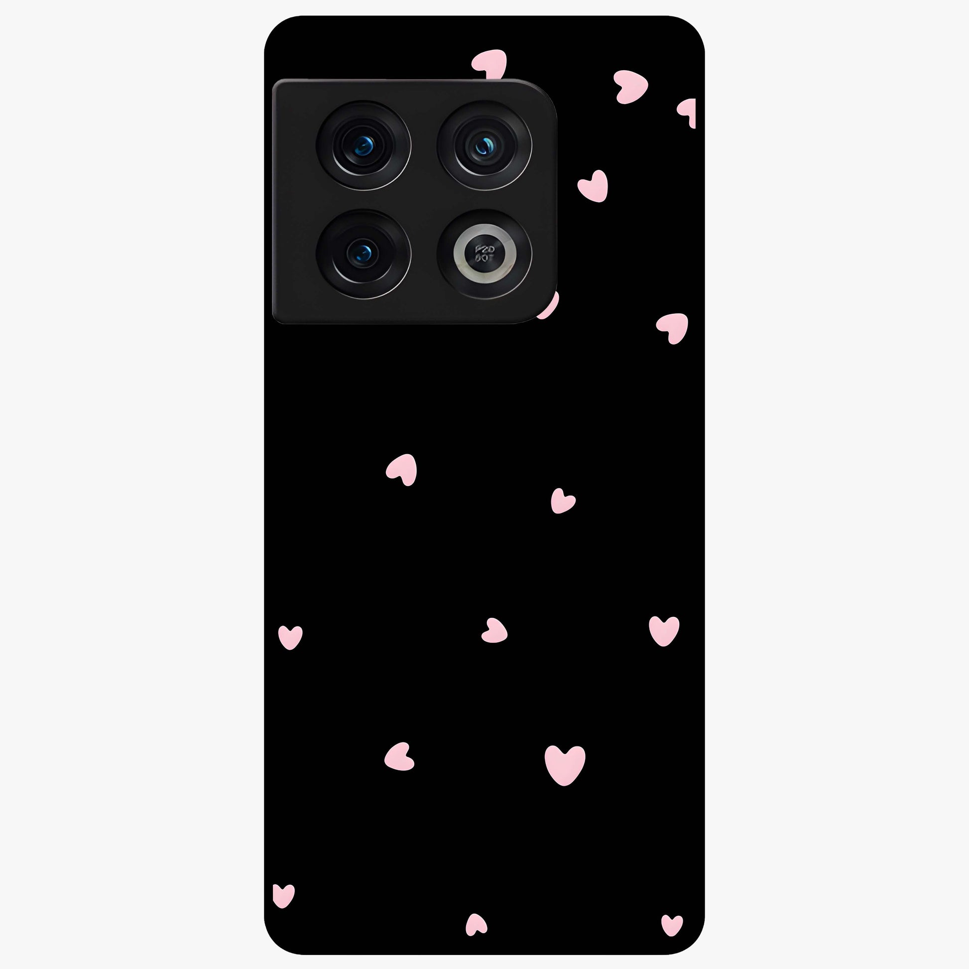 Pink Love Drops Glass Case showing flat back view with playful pink heart drops artwork and glossy glass finish.