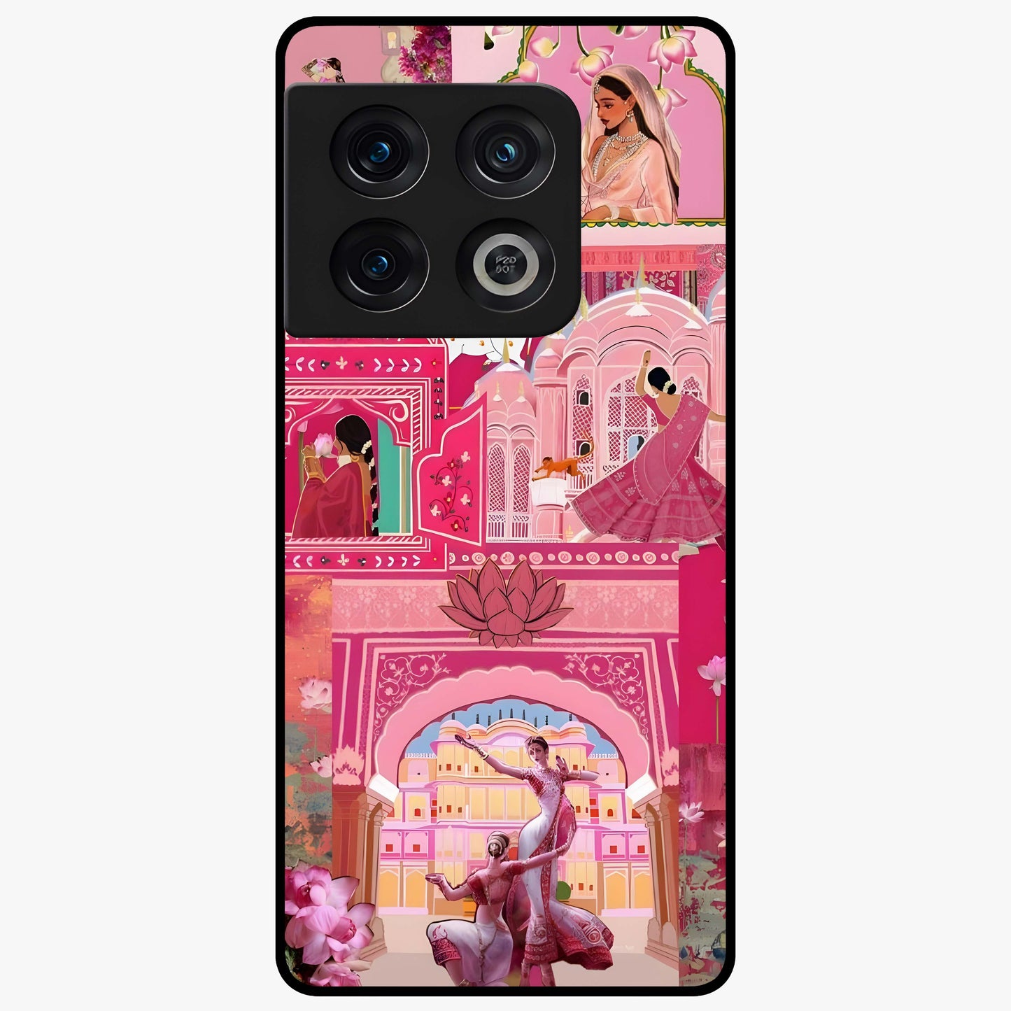 Pink Palace Muse Glass Case showing flat back view with elegant palace inspired artwork and glossy glass finish.