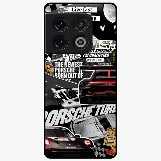 Porsche Racing Collage Glass Case showing flat back view with sports car racing collage artwork and glossy glass finish.