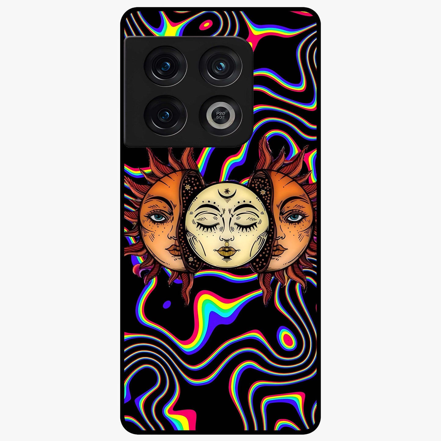 Psychedelic Sun Glass Case showing flat back view with colorful psychedelic sun artwork and glossy glass finish.