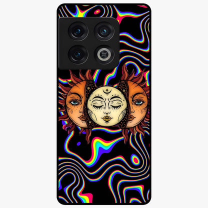 Psychedelic Sun Glass Case showing flat back view with colorful psychedelic sun artwork and glossy glass finish.