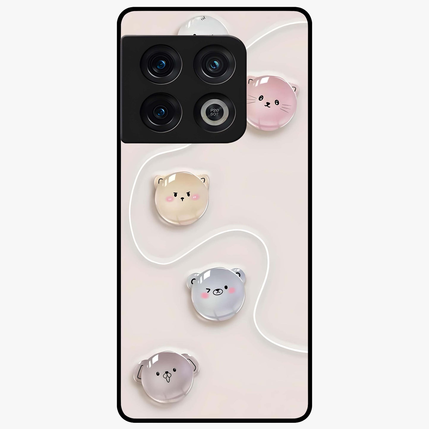 Puffy Face Parade Glass Case showing flat back view with cute puffy character faces artwork and glossy glass finish.