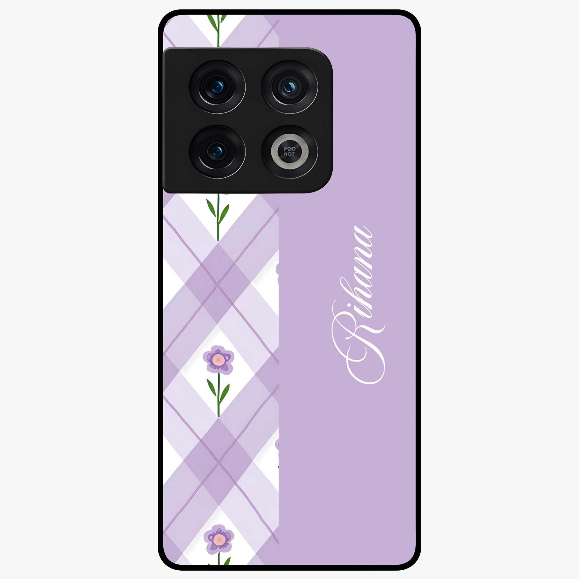 Purple Diamond Floral Glass Case showing flat back view with diamond shaped floral artwork and glossy glass finish.