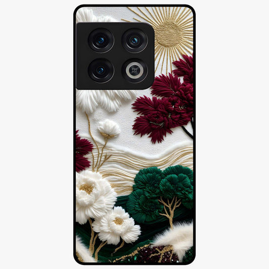 Radiant Bloom Elegance Glass Case showing flat back view with elegant blooming flower artwork and glossy glass finish.