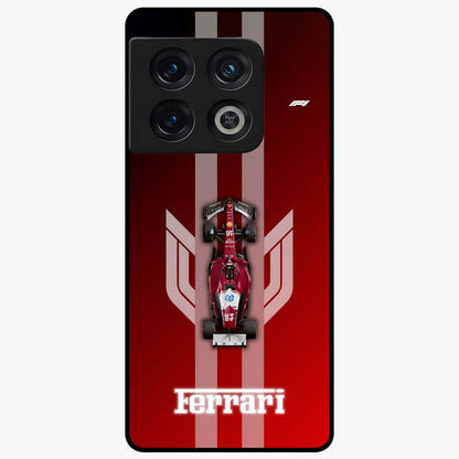 Red Ferrari F1 Vertical Glass Case showing flat back view with sleek Formula racing car artwork and glossy glass finish.