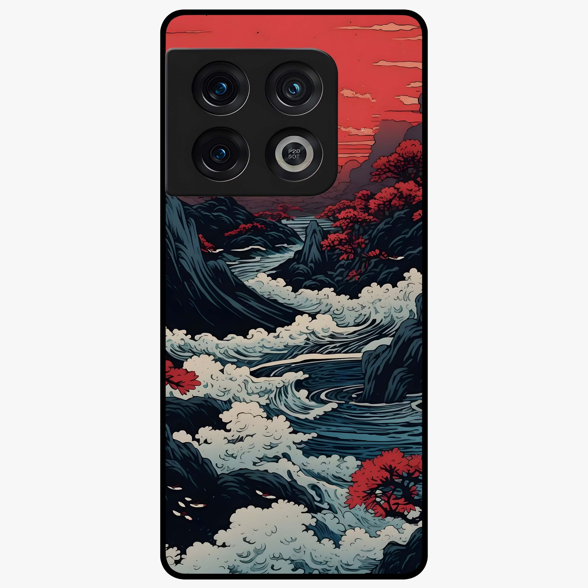 Red Sunset Scenery Glass Case showing flat back view with vibrant sunset landscape artwork and glossy glass finish.