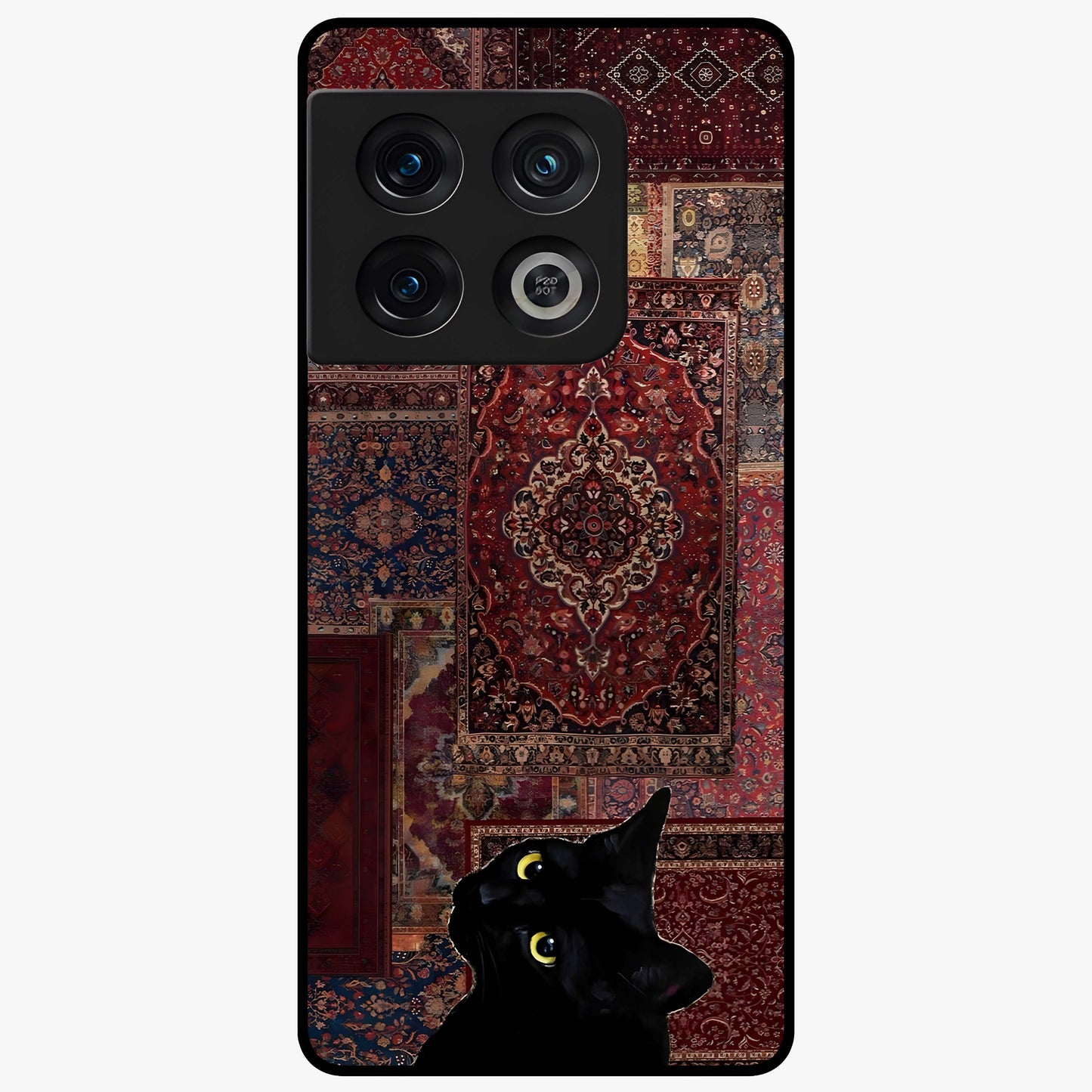 Regal Magic Cat Apple Glass Case showing flat back view with magical cat artwork holding apple and glossy glass finish.