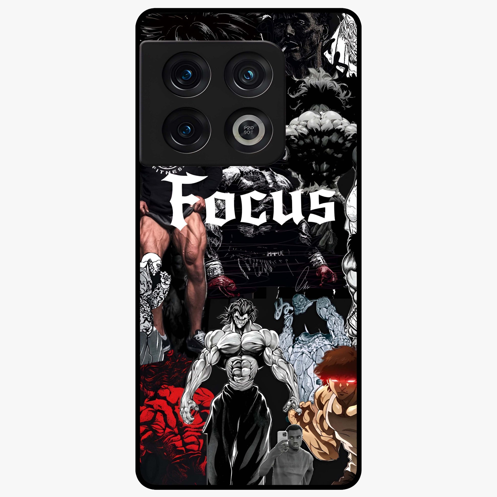 Relentless Power Focus Glass Case showing flat back view with motivational typography artwork and glossy glass finish.