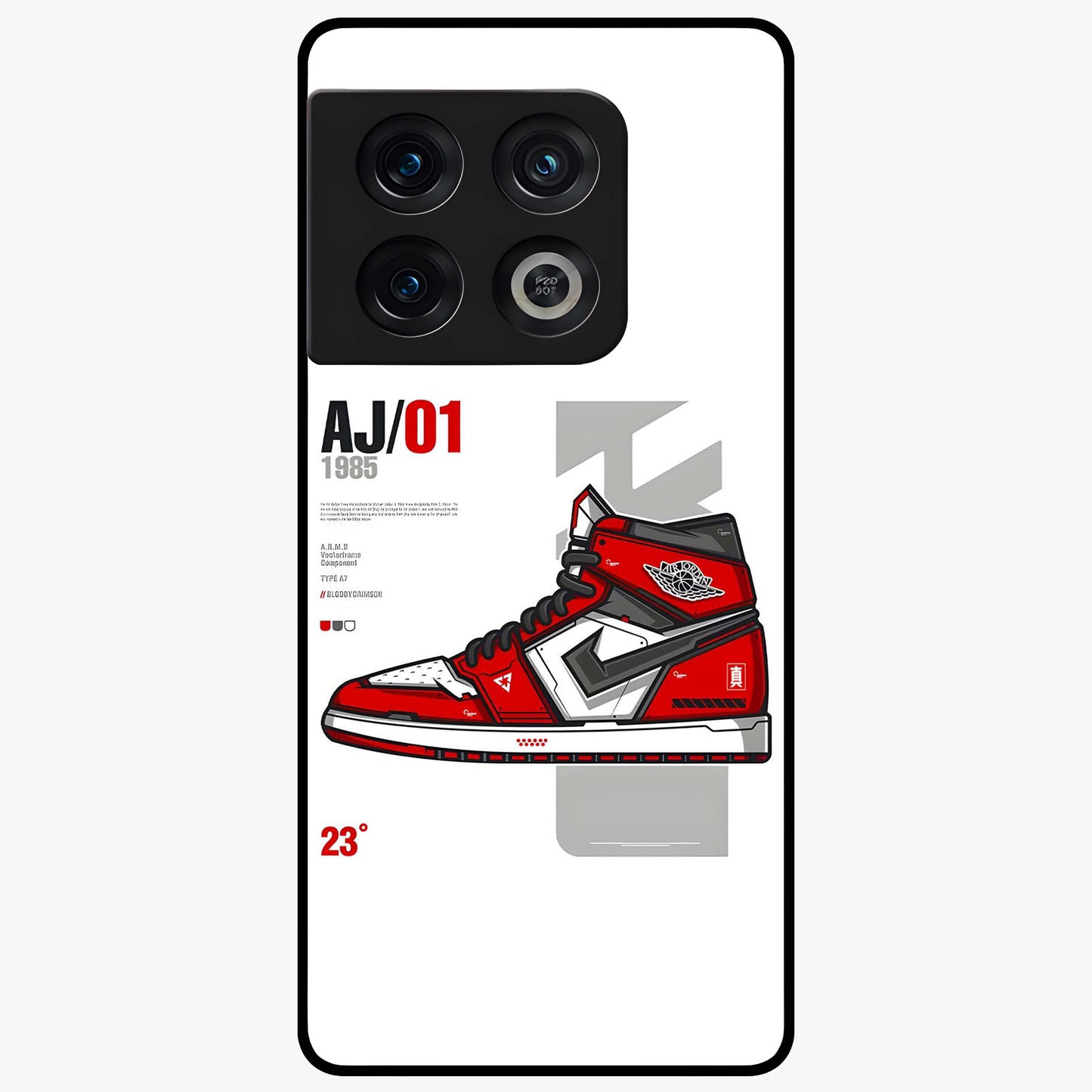 Retro Sneaker Blueprint Glass Case showing flat back view with sneaker blueprint style artwork and glossy glass finish.