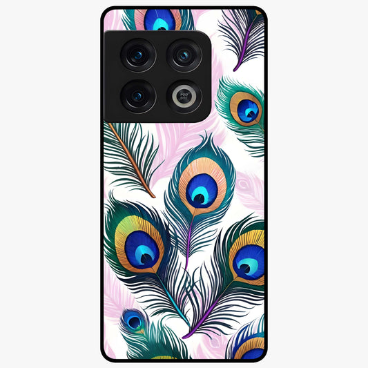 Royal Peacock Feathers Glass Case showing flat back view with colorful peacock feather artwork and glossy glass finish.