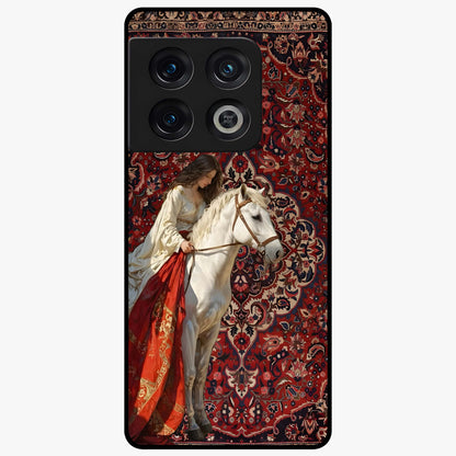 Royal Rider Tapestry Glass Case showing flat back view with majestic horse rider tapestry artwork and glossy glass finish.