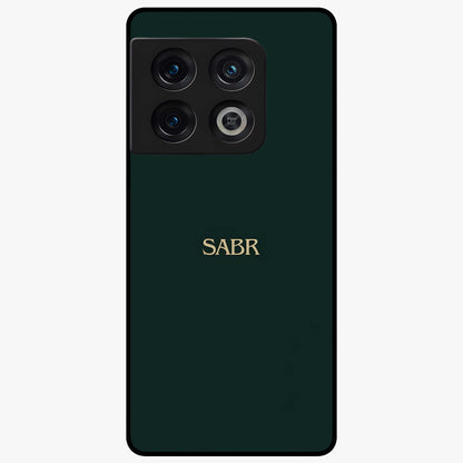 Sabr Minimal Patience Glass Case showing flat back view with minimalist typography artwork and glossy glass finish.