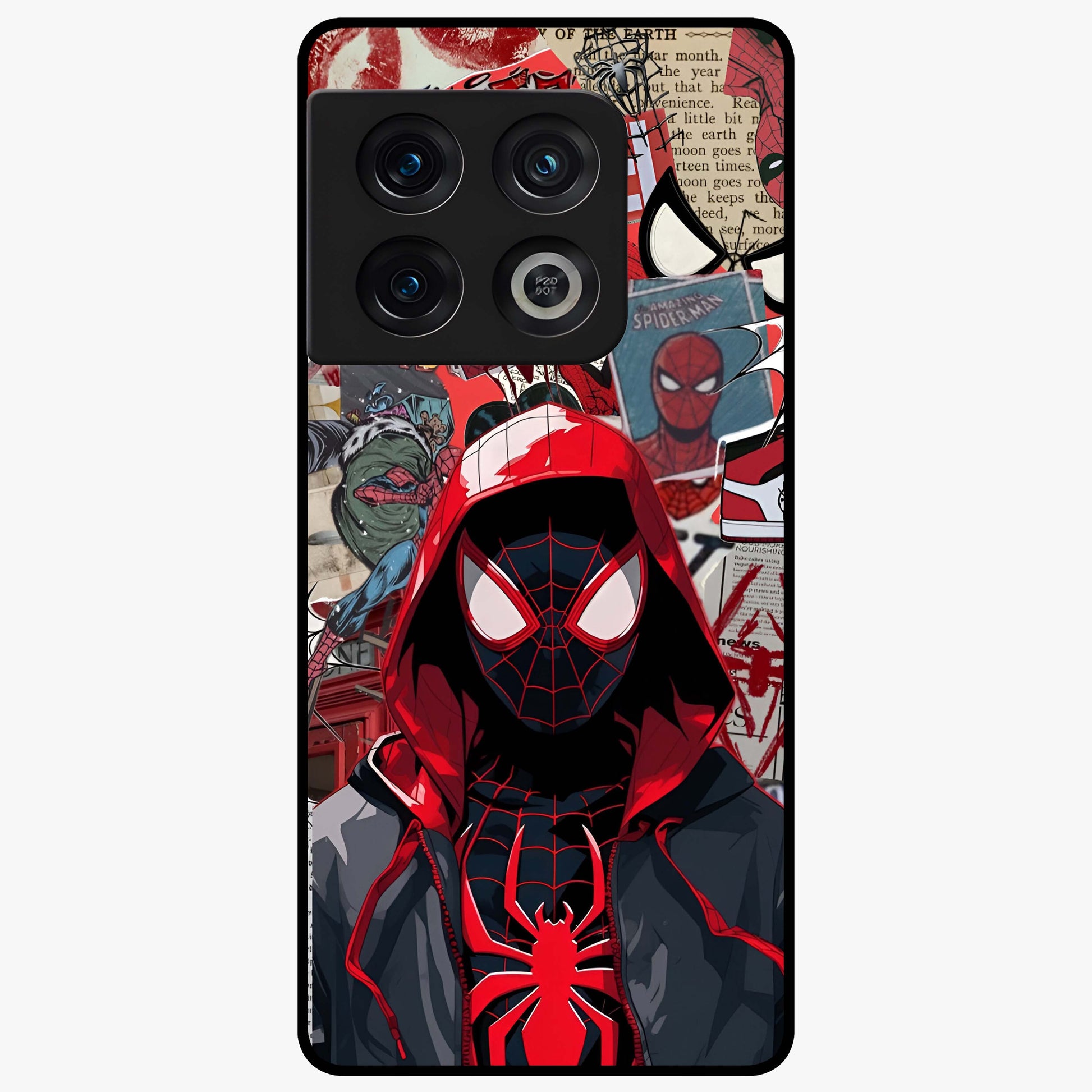 Spider Collage Street Glass Case showing flat back view with vibrant superhero collage artwork and glossy glass finish.