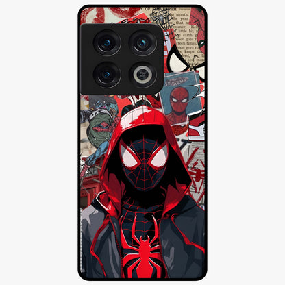 Spider Collage Street Glass Case showing flat back view with vibrant superhero collage artwork and glossy glass finish.