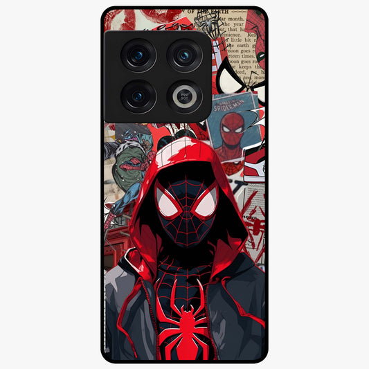 Spider Collage Street Glass Case showing flat back view with vibrant superhero collage artwork and glossy glass finish.