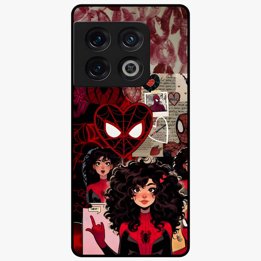 Spider Love Story Glass Case showing flat back view with romantic superhero themed artwork and glossy glass finish.