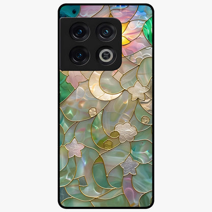 Stained Sunrise Glow Glass Case showing flat back view with glowing sunrise stained pattern artwork and glossy glass finish.