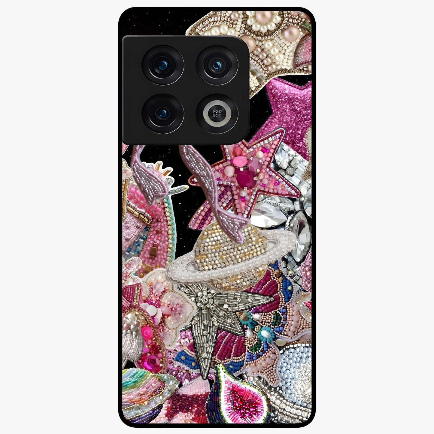 Starlit Jewel Dream Glass Case showing flat back view with sparkling jewel and star themed artwork and glossy glass finish.