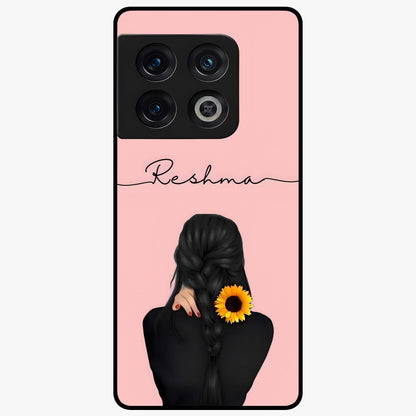 Sunflower Braid Beauty With Custom Name Glass Case showing flat back view with sunflower braid artwork and personalized name design.