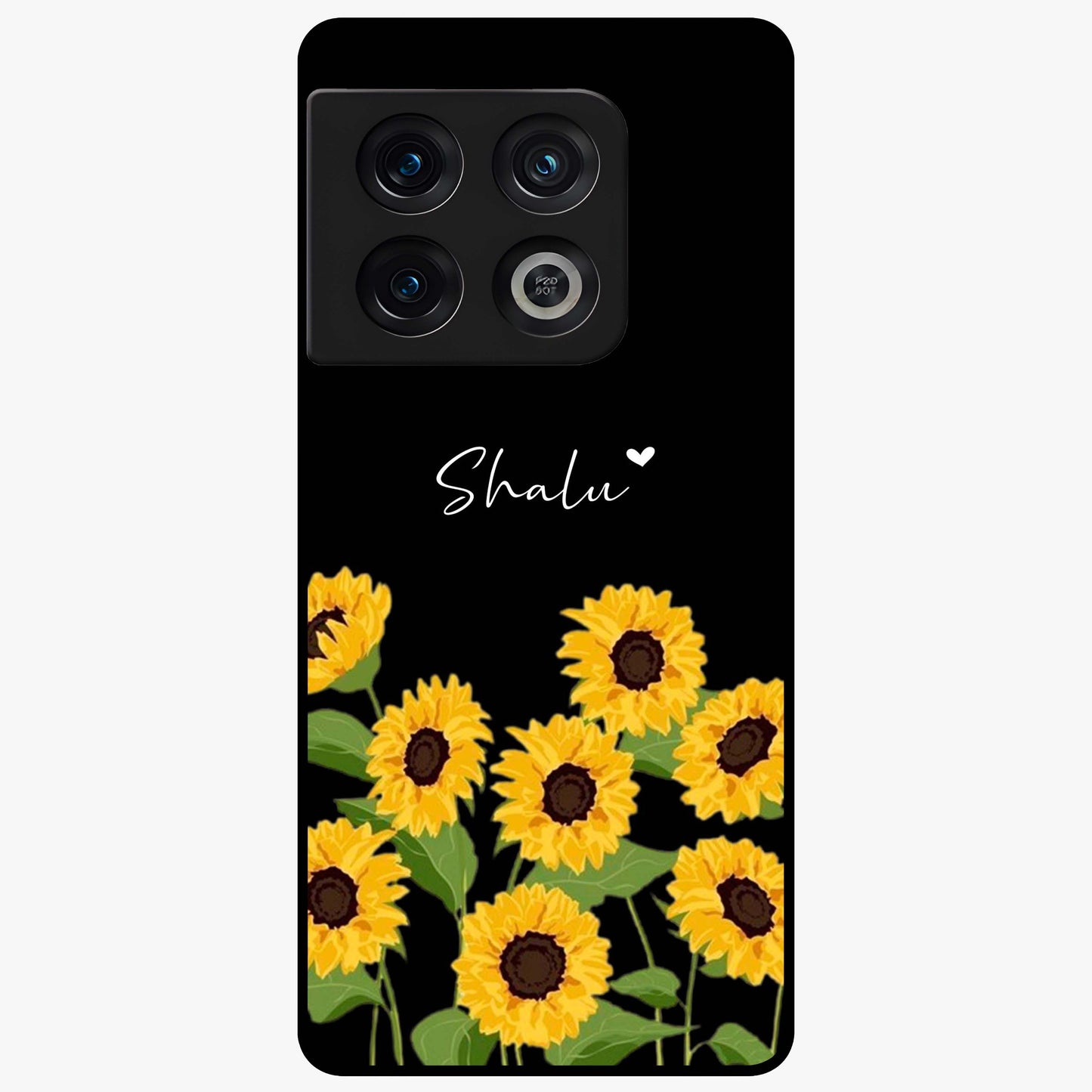 Sunflower Chic Mood Custom Name Glass Case showing flat back view with stylish sunflower artwork and personalized name design.