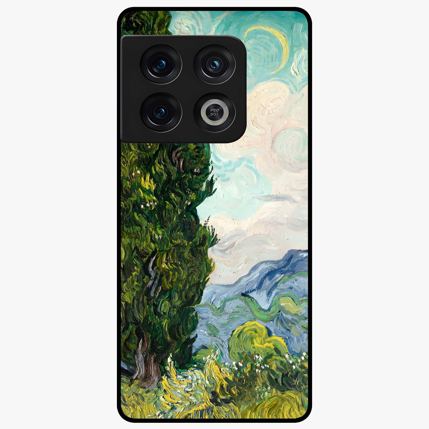 Van Gogh Vintage Art Glass Case showing flat back view with vintage painterly artwork inspired by Van Gogh style and glossy glass finish.