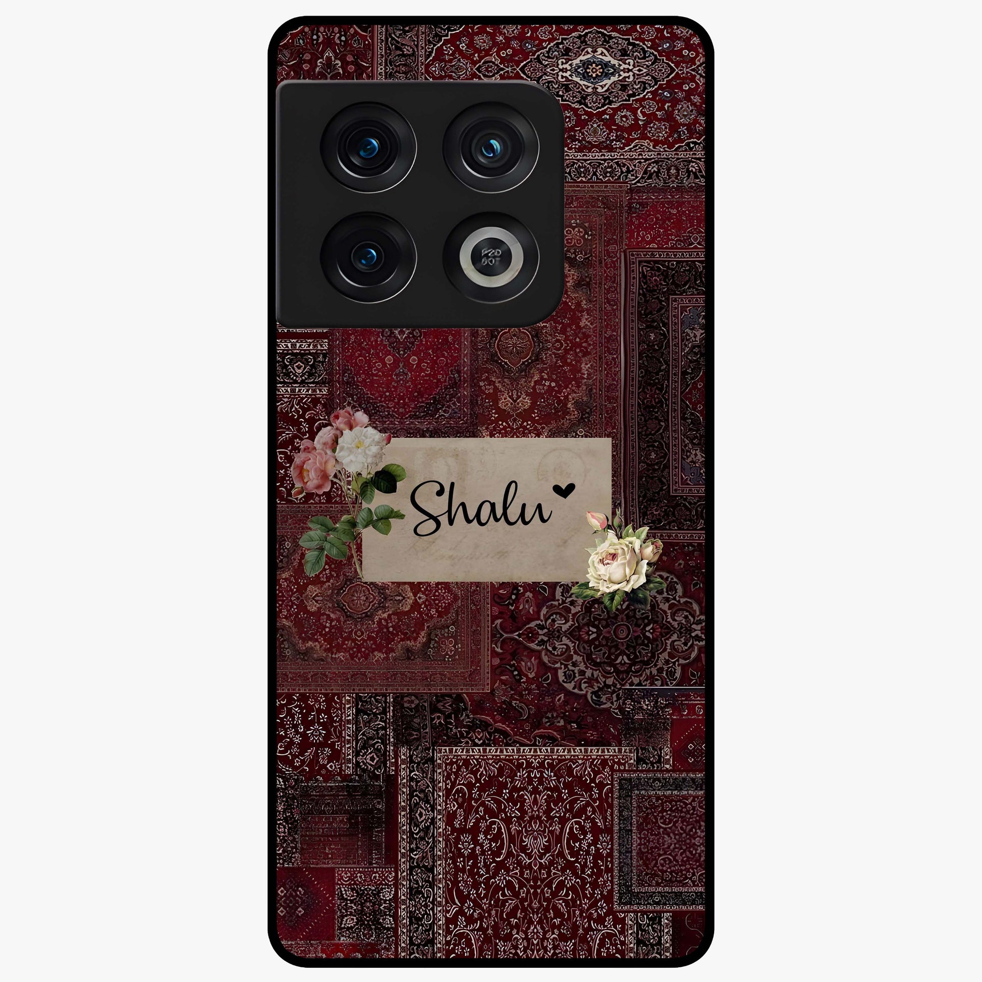 Velvet Wine Pattern Custom Name Glass Case showing flat back view with elegant wine colored pattern artwork and personalized name design.