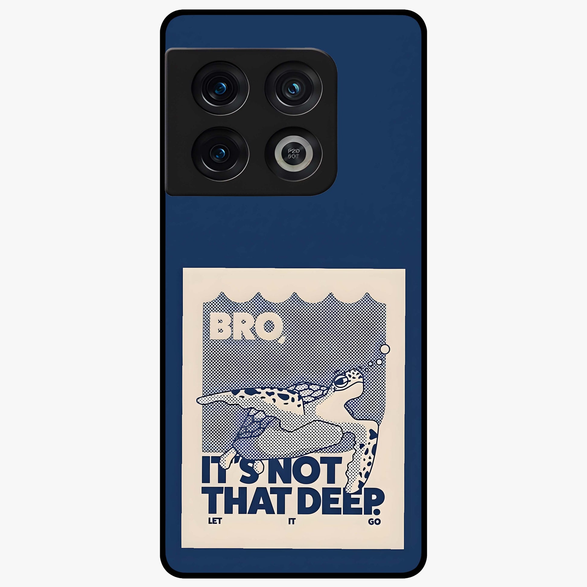 Worry Less Swim Glass Case showing flat back view with playful motivational artwork and glossy glass finish.