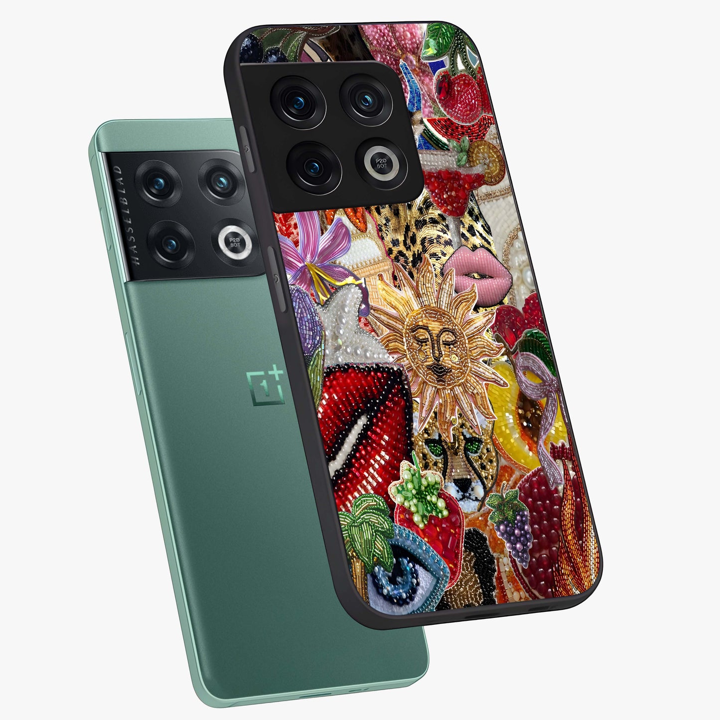Beaded Fashion Jungle Glass Case displayed in angled mockup highlighting colorful fashion bead design and artistic pattern.