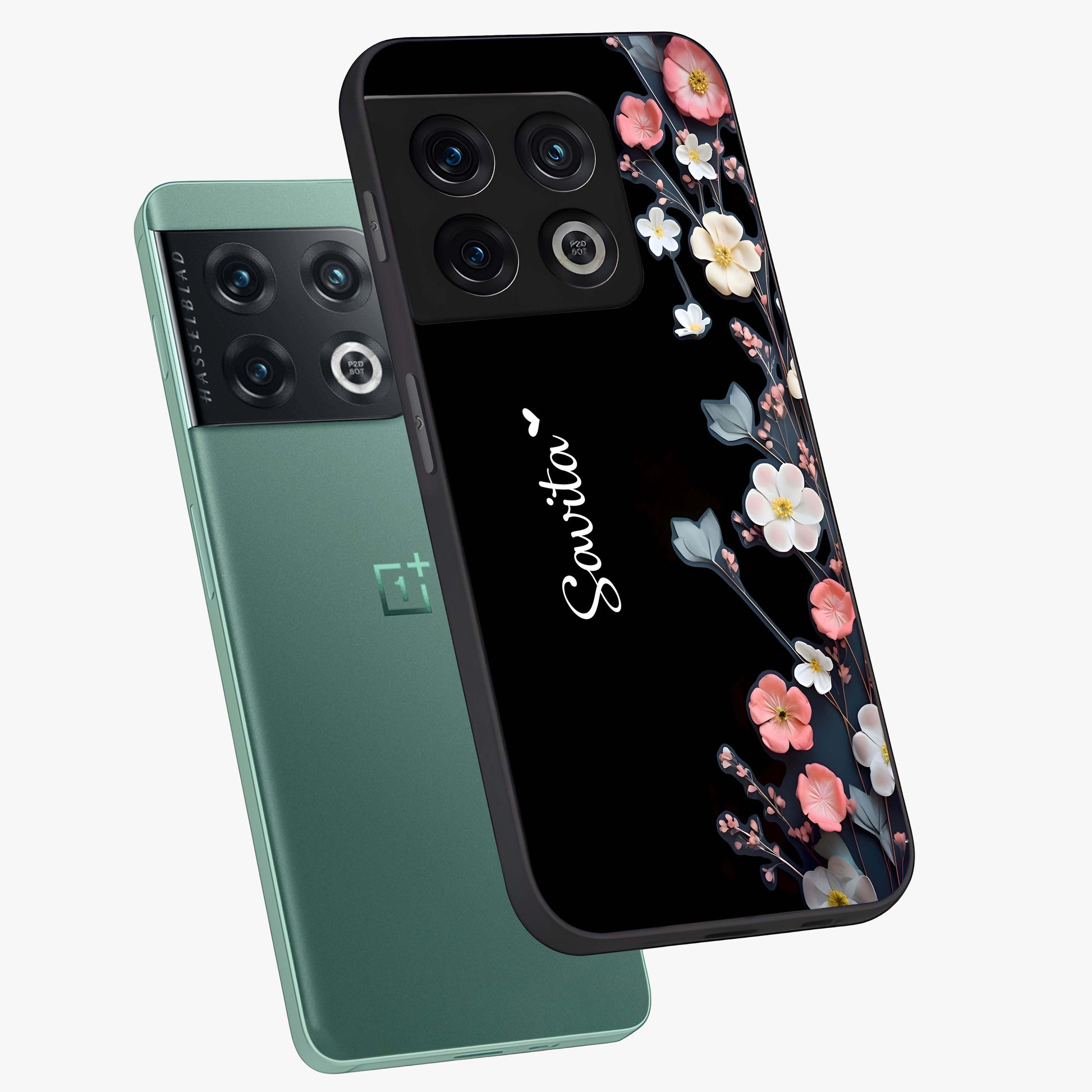 Black Elegance Floral Custom Name Glass Case displayed in angled mockup highlighting dark floral aesthetic and custom name feature.