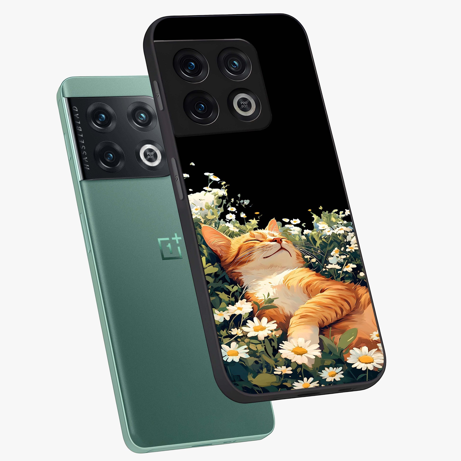 Blissful Bloom Cat Glass Case displayed in angled mockup highlighting playful feline illustration with soft floral aesthetic.