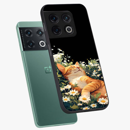 Blissful Bloom Cat Glass Case displayed in angled mockup highlighting playful feline illustration with soft floral aesthetic.