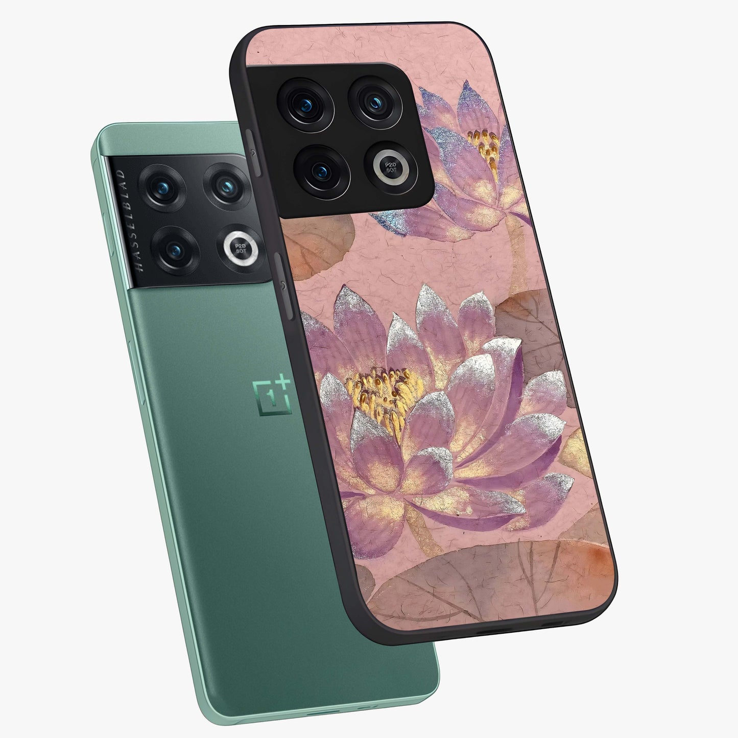 Blossom Mist Lotus Glass Case displayed in angled mockup highlighting delicate lotus illustration with calm aesthetic theme.