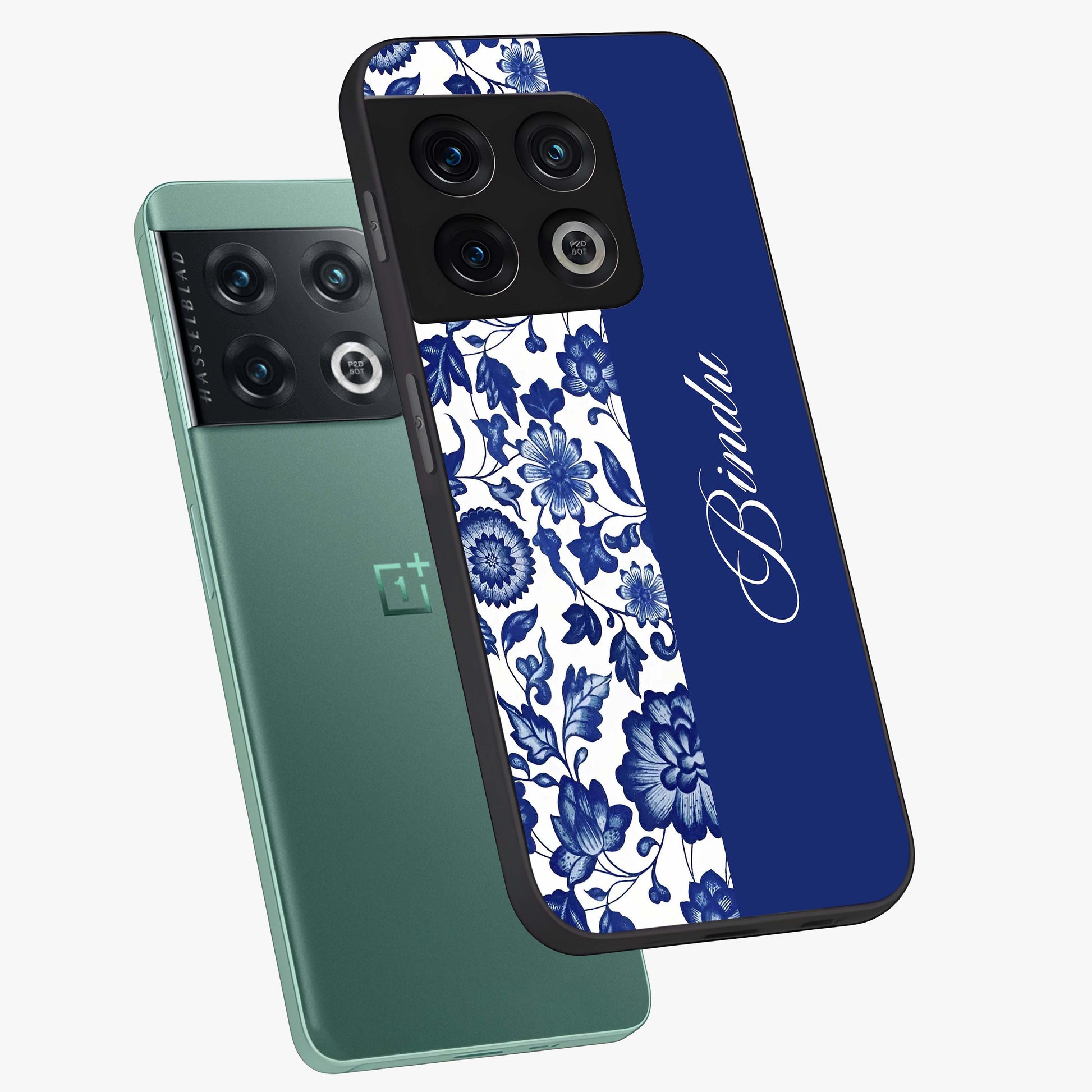 Blue Vintage Floral Pattern Glass Case displayed in angled mockup highlighting subtle bloom pattern with aesthetic pastel design.