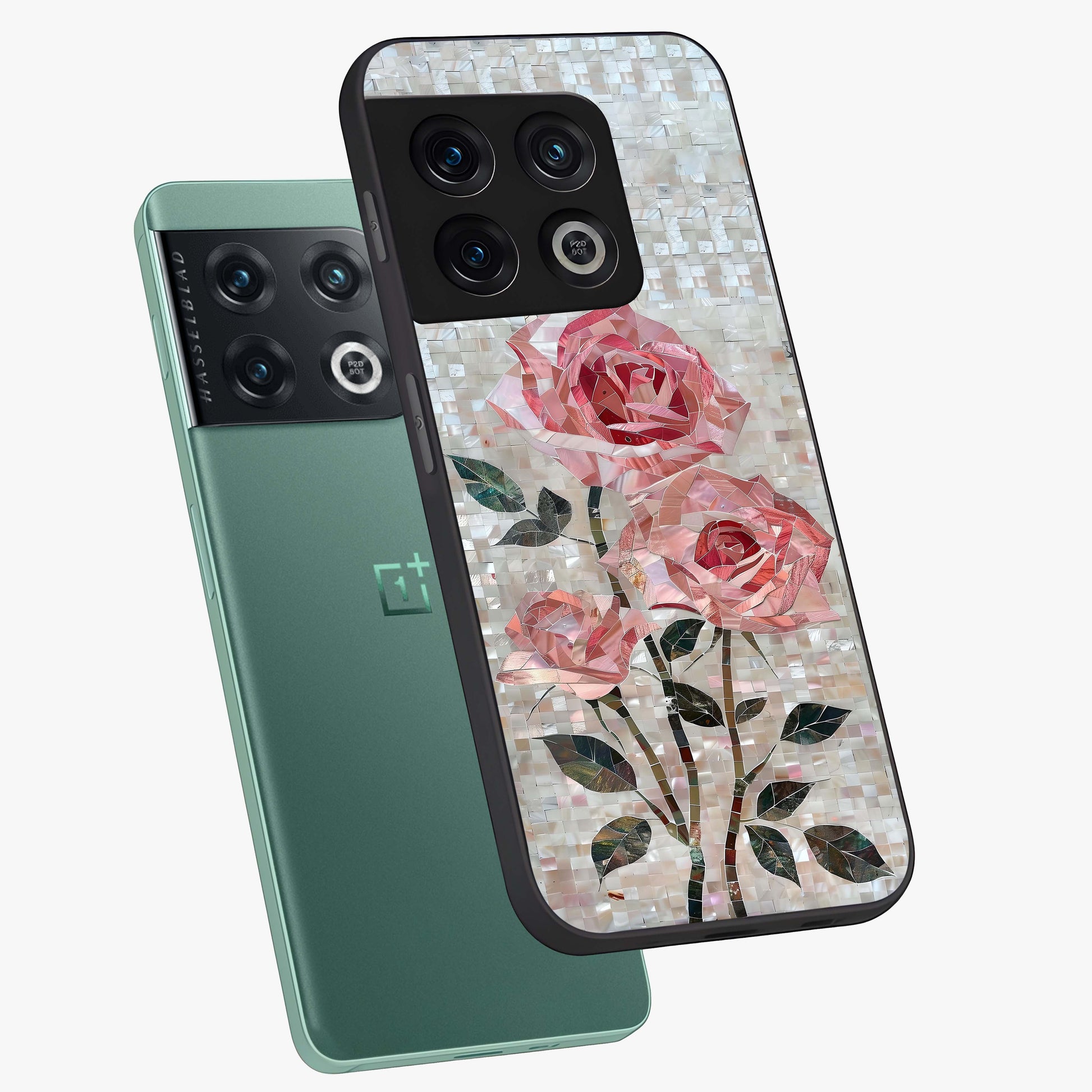 Blush Mosaic Bloom Glass Case displayed in angled mockup highlighting artistic mosaic flower pattern with aesthetic design.