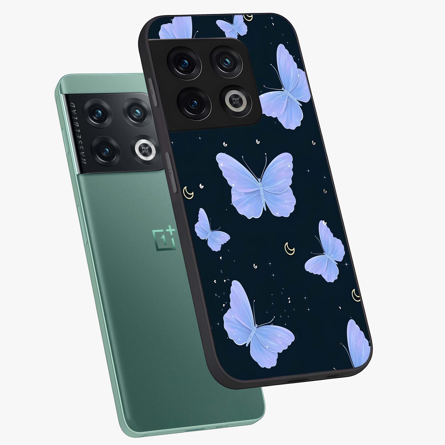 Butterfly With Stars Pattern Glass Case displayed in angled mockup highlighting dreamy butterfly and star design with aesthetic theme.