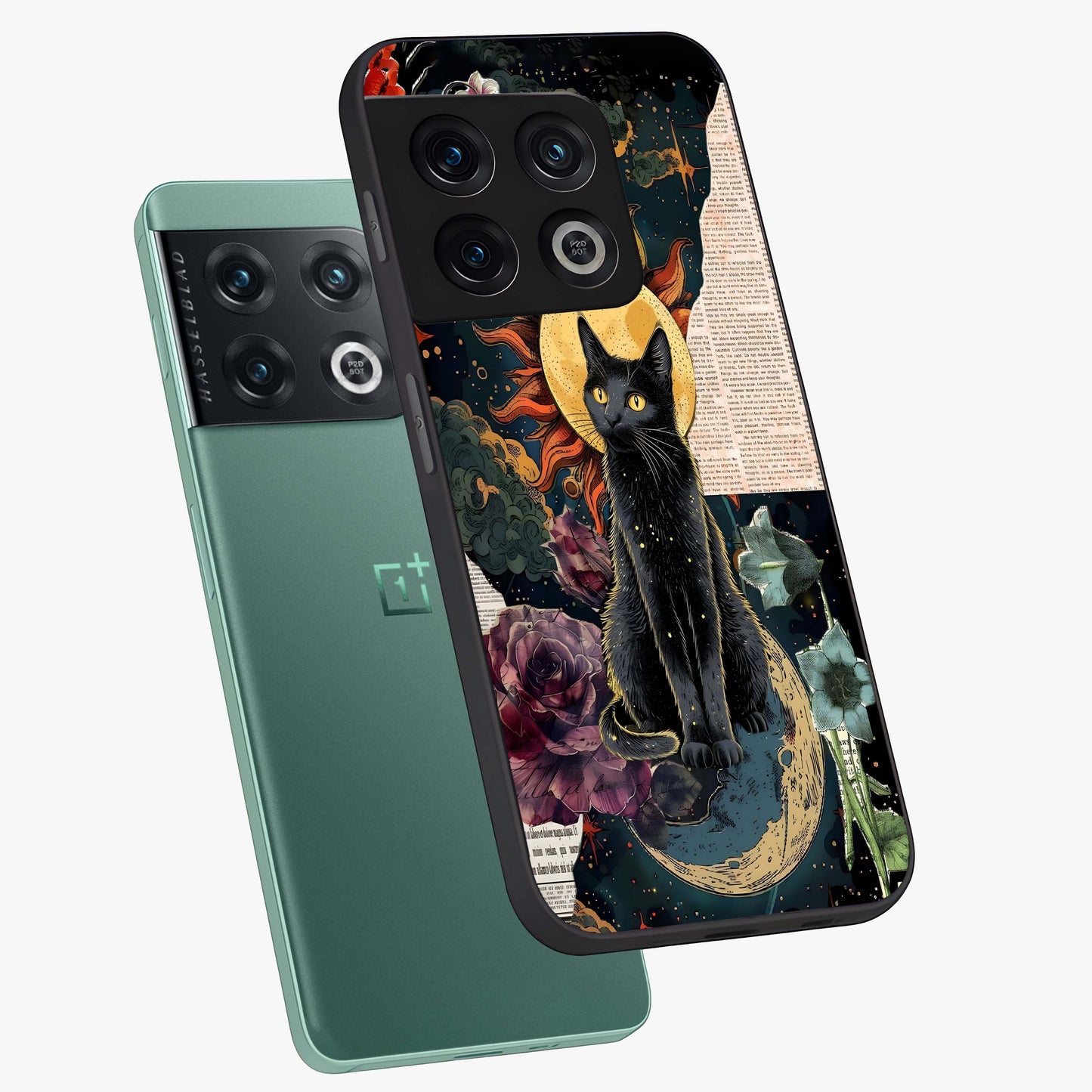 Celestial Black Cat Glass Case displayed in angled mockup highlighting cosmic black cat design with celestial aesthetic.