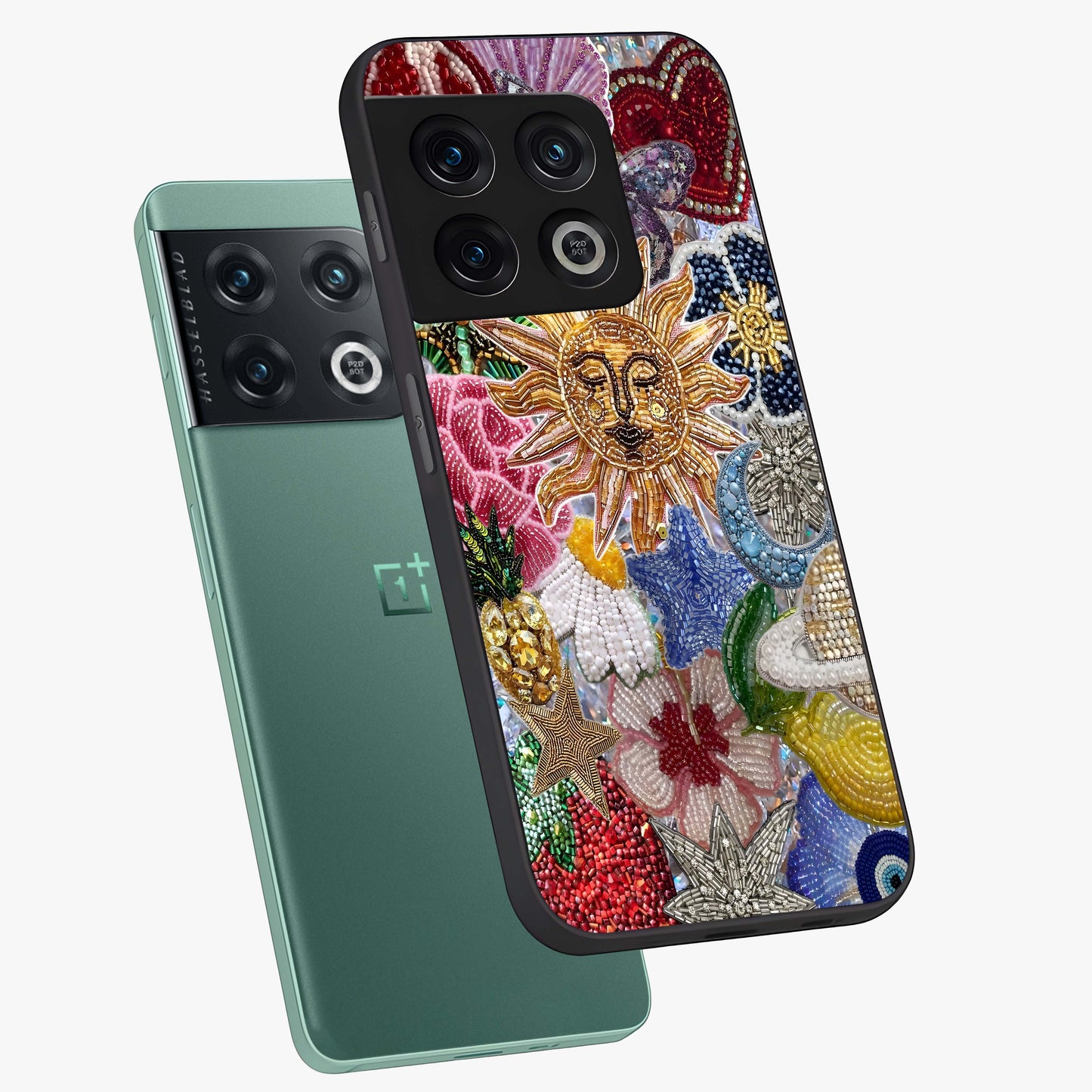 Celestial Floral and Playful Glass Case displayed in angled mockup highlighting playful floral design with dreamy celestial elements.