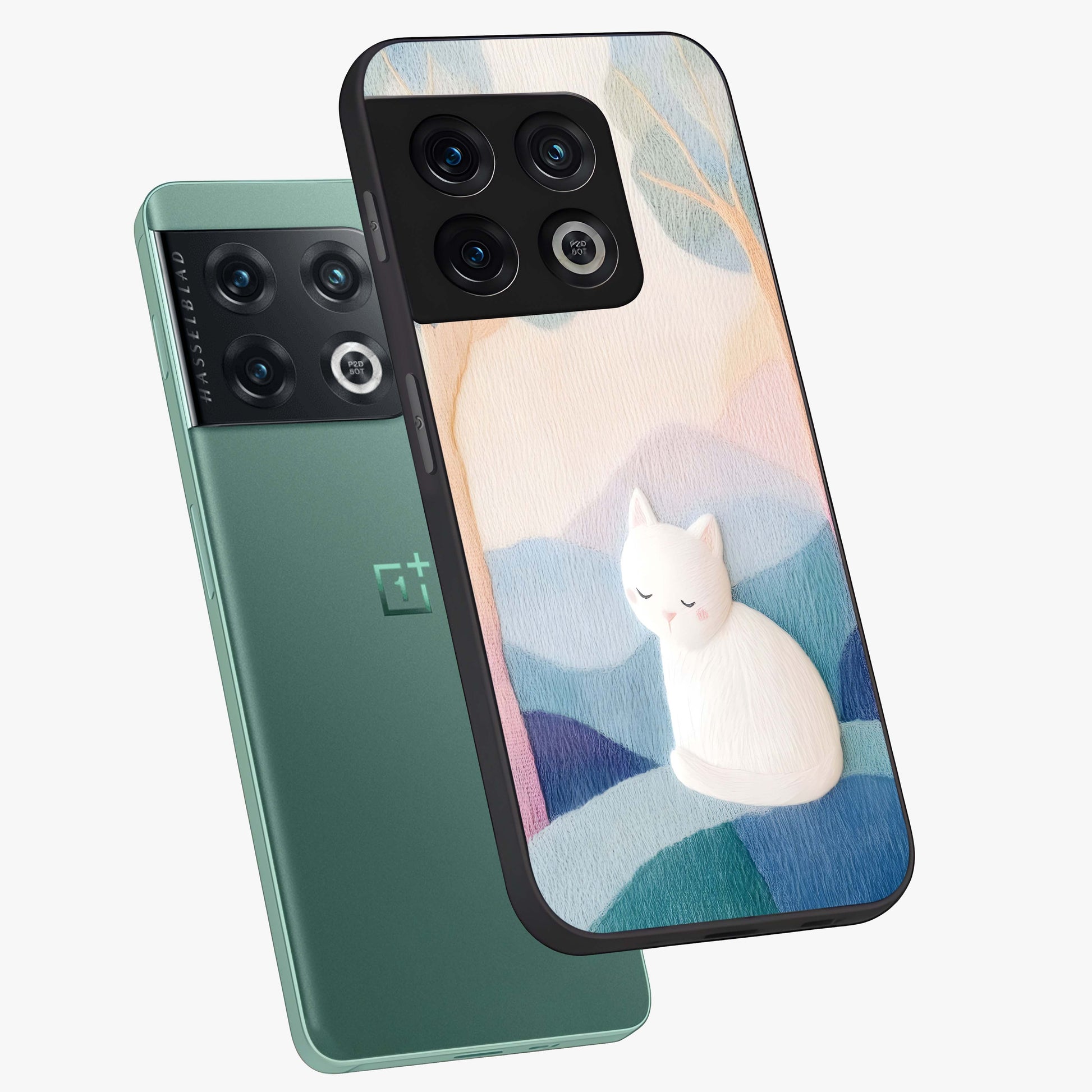 Cotton Dream Cat Glass Case displayed in angled mockup highlighting cute feline illustration with pastel aesthetic style.