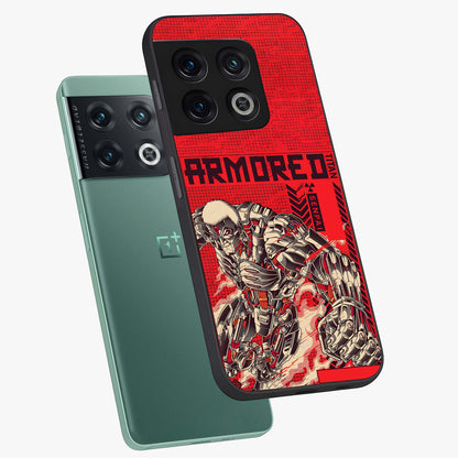 Crimson Mecha Titan Glass Case displayed in angled mockup highlighting futuristic mech illustration with bold crimson aesthetic.