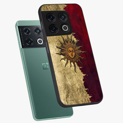 Crimson Sun Majesty Glass Case displayed in angled mockup highlighting majestic crimson sun design with bold aesthetic style.