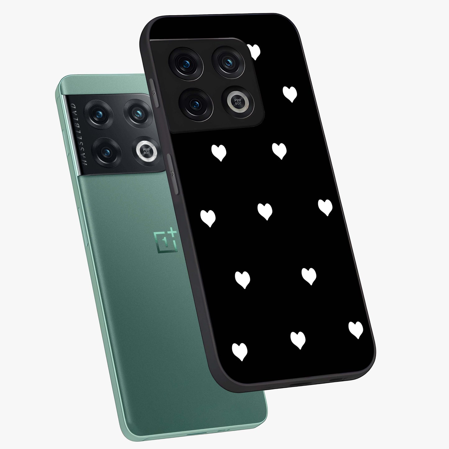 Cute And Simple White Hearts Glass Case displayed in angled mockup highlighting cute heart design with clean aesthetic style.