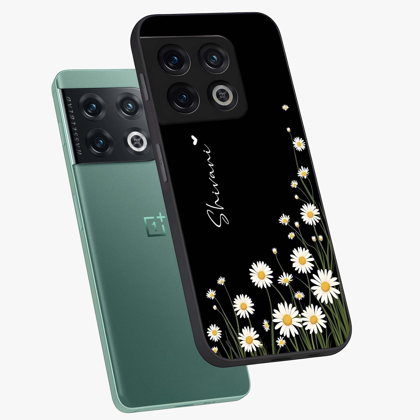 Daisy Cascade Custom Name Glass Case displayed in angled mockup highlighting delicate daisy artwork with custom name feature.
