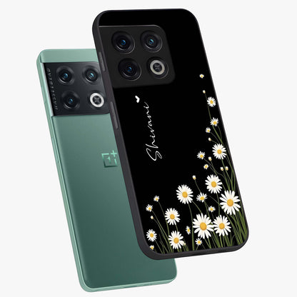 Daisy Cascade Custom Name Glass Case displayed in angled mockup highlighting delicate daisy artwork with custom name feature.