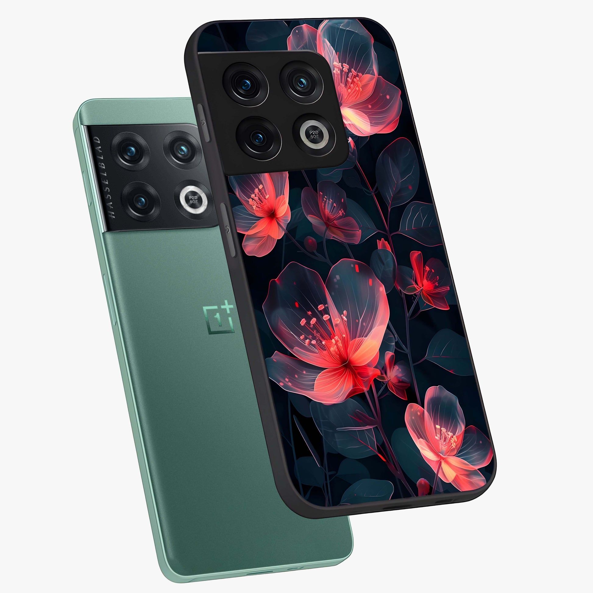 Dark Shade of Flower Glass Case displayed in angled mockup highlighting moody floral illustration with aesthetic dark tones.