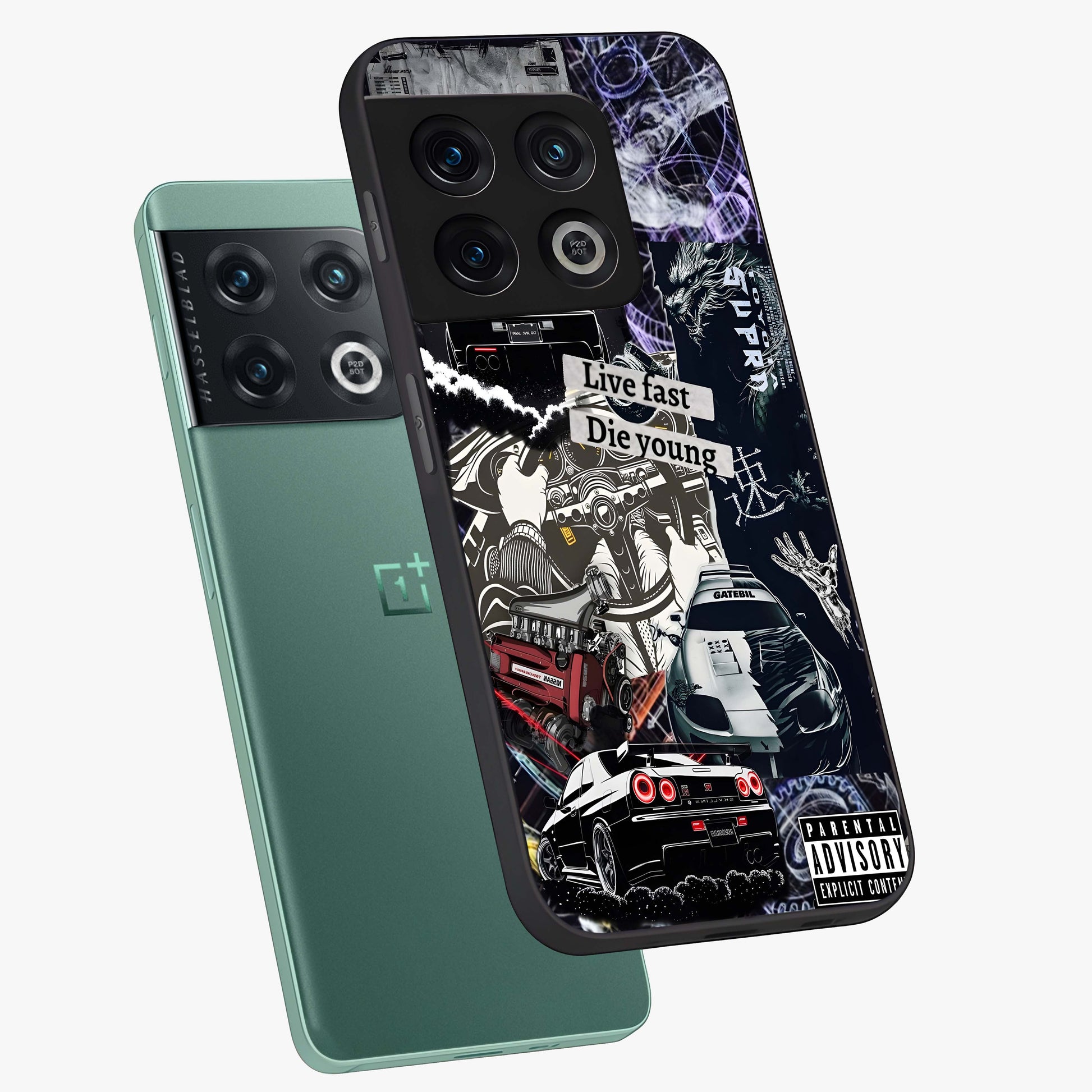 Die Young Glass Case displayed in angled mockup highlighting expressive graphic artwork with edgy aesthetic style.