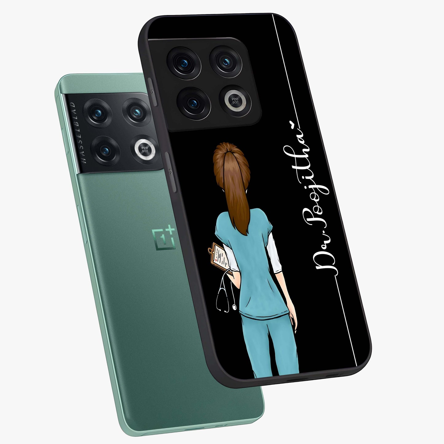 Doctor Pattern Custom Name Glass Case displayed in angled mockup highlighting doctor inspired artwork with custom name feature.