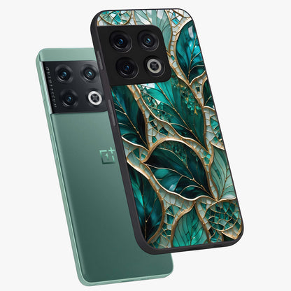 Emerald Leaf Glass Glass Case displayed in angled mockup highlighting botanical leaf illustration with elegant natural aesthetic.