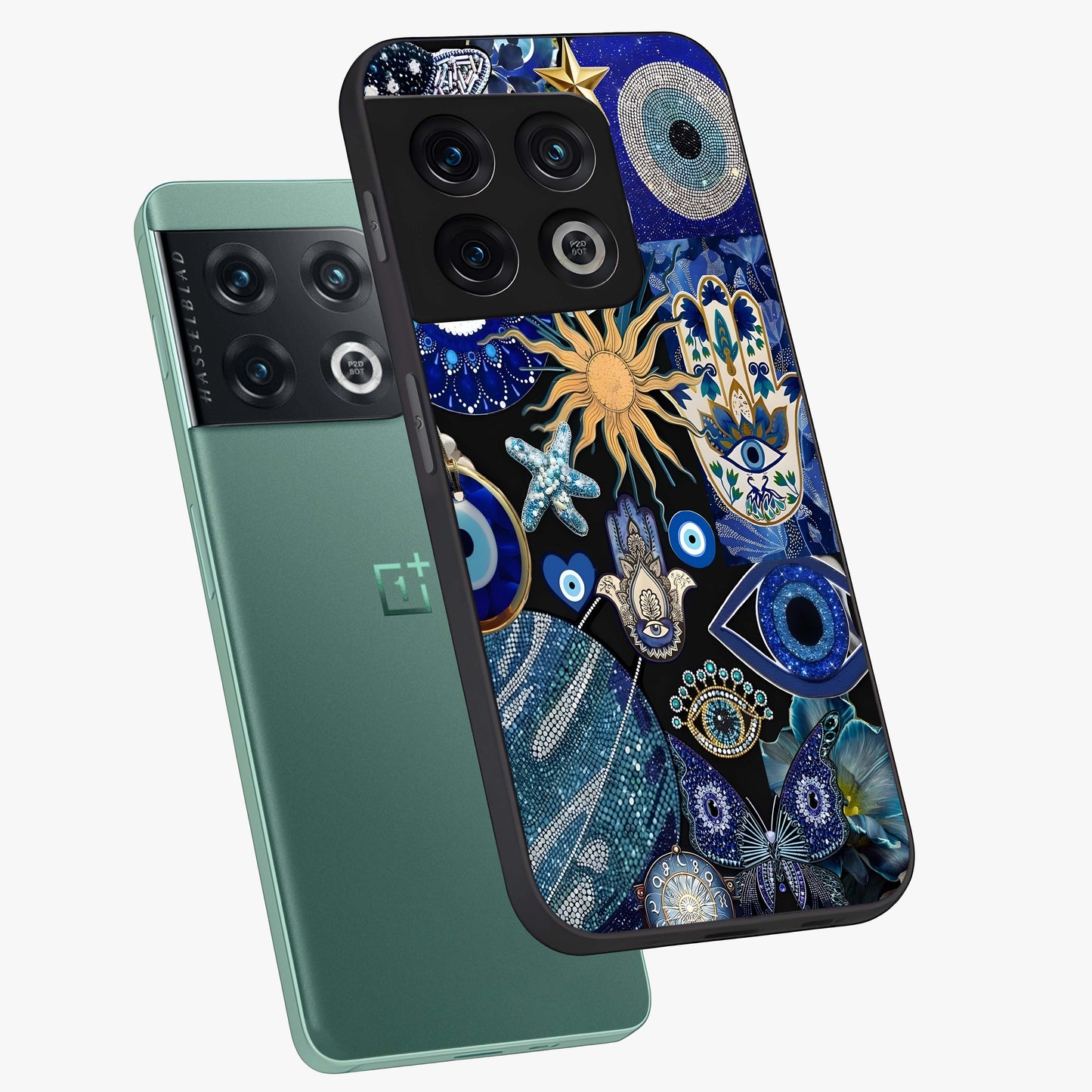 Evil Eye Charm Mix Glass Case displayed in angled mockup highlighting protective evil eye symbols with spiritual aesthetic design.
