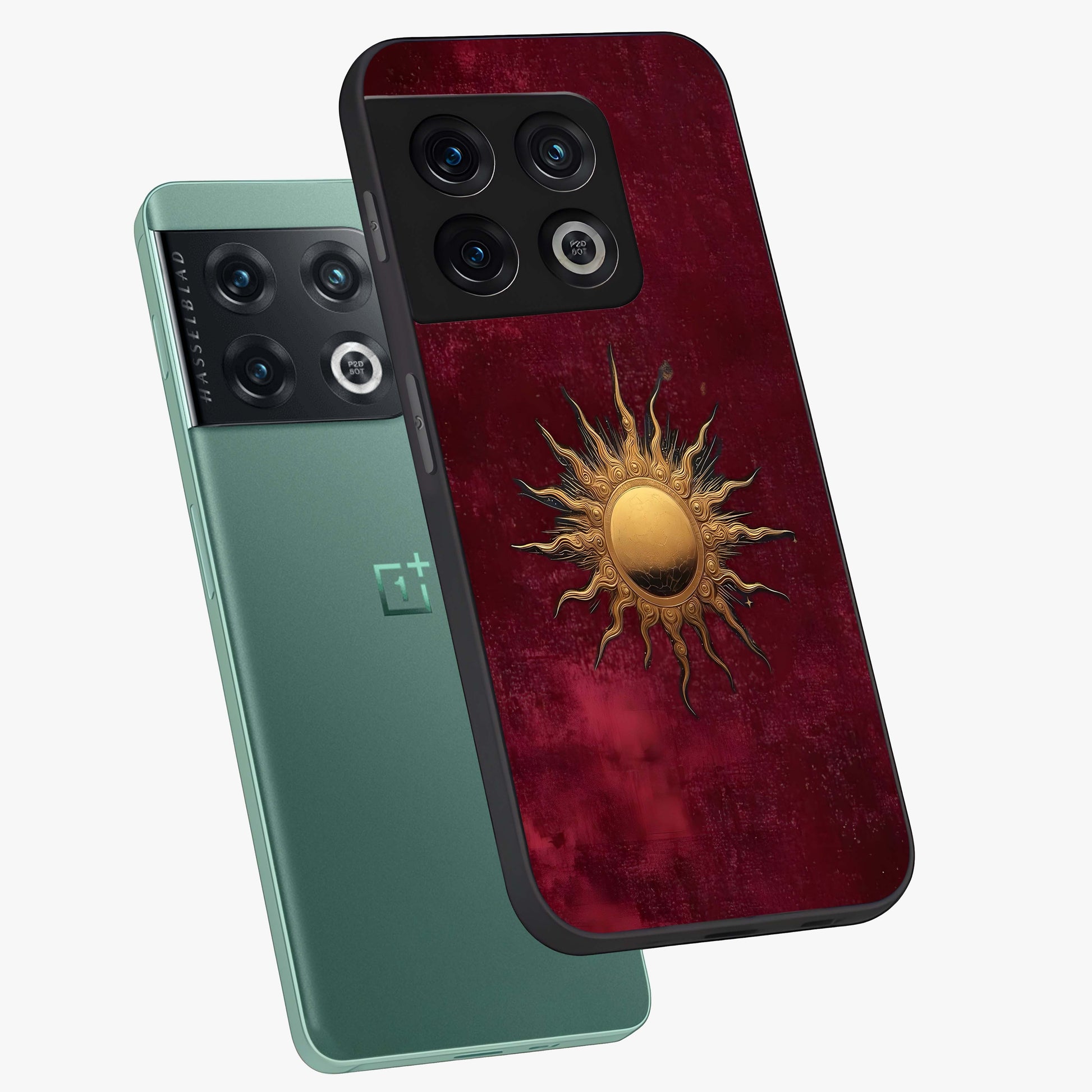 Golden Sun Minimalism Glass Case displayed in angled mockup highlighting clean sun symbol design with modern minimal aesthetic.